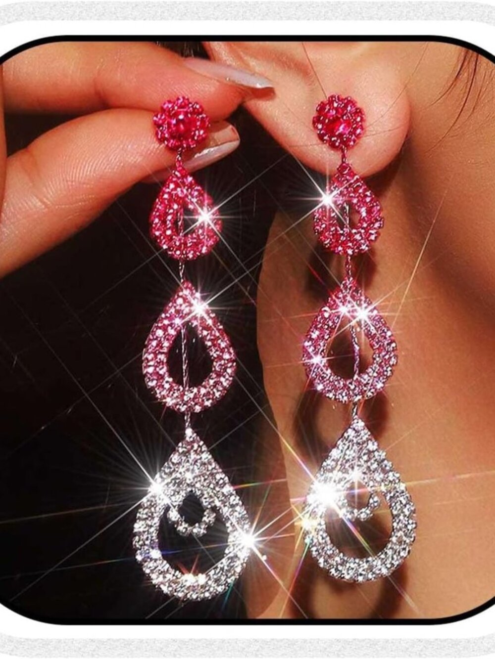 Long Rhinestone Earrings Silver Pageant Earrings Dangling for Women Wedding